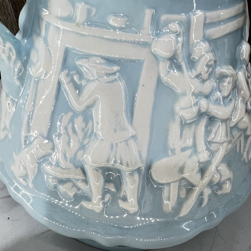 Antique Ridgway Staffordshire Tam O Shanter Lg Pitcher Jug Relief Light Blue 10" - Picture 7 of 12